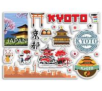 Feuille d'autocollants A5 en vinyle - Motif monuments de Kyoto - Timbres japonais pour aéroport japonais - Drapeau horizon - Voyage - Vacances - Scrapbooking - Ville de bagages - #79120