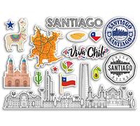 Feuille d'autocollants A5 en vinyle représentant des monuments de Santiago - Timbres de l'aéroport du Chili, horizon, drapeau, carte de voyage, vacances, scrapbooking, bagages de ville #79146