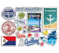 Feuille d'autocollants A5 en vinyle représentant les monuments de Saint Martin Caraïbes Plage St Martin Été Côte tropicale Flamant rose Airport Horizon Drapeau Voyage Vacances