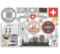 Feuille d'autocollants A5 en vinyle Zurich - Tampons suisse de l'aéroport, horizon, drapeau, carte de voyage, vacances, scrapbooking, bagages de ville #79142