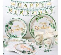 Feuille d'eucalyptus verte, vaisselle joyeux anniversaire, assiette en papier, tasse, serviettes, thème Jungle, réception-cadeau pour bébé, décor de Table pour fête d'anniversaire pour enfants 1pcs ta