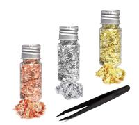 Feuille d'or Papier,3 Bouteilles de Feuilles d'or Décoratifs Paillette Feuille d'or Or Argent Rose Leaf Flakes Décoratif Papier avec Pince à épiler pour Artisanat Décoration et Bijoux en Résine