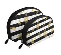 Feuille d'or Rayée Noir Et Blanc, Trousse de Maquillage Coquille Femme Petit Porte-Monnaie Trousse de Toilette Trousse à cosmétiques 2 pièces