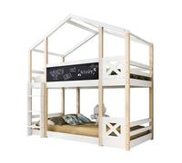 Feuille épaissie Lit d'enfant cabane avec échelle 90 x 200 cm, lit surélevé pour enfants- 2x sommier à lattes- naturel & blanc