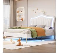 Feuille épaissie Lit d'enfant Lit de 140 x 200 cm, cadre de lit pour fille, double couronne blanche en cuir PU avec lumières LED,