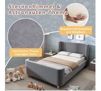 Feuille épaissie Lit enfant lit rembourré, motif cosmique lit simple lit traîneau, 90 x 200 cm, pour garçon et fille, gris, velour