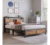 Feuille épaissie Lit métallique Lits d'adolescents Lit double 140 x 200 cm avec tête de lit à rangement et sommier métallique, Lit