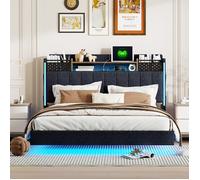 Feuille épaissie Lit rembourré 140*200 avec éclairage LED et prise USB, tête de lit avec espace de rangement, lit suspendu lit ado