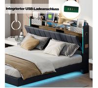 Feuille épaissie Lit rembourré 140 * 200 avec éclairage LED et prise USB, tête de lit avec rangement, lit flottant lit Junior lit