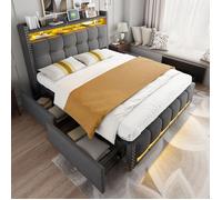 Feuille épaissie Lit rembourré 140*200 cm avec éclairage LED et prise USB, tête de lit avec étagères et espace de rangement avec 4