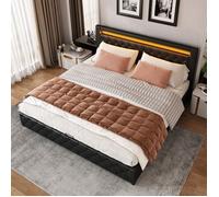 Feuille épaissie Lit rembourré 140 x 200 cm, lit fonctionnel avec sommier à lattes et espace de rangement, avec éclairage LED, ave