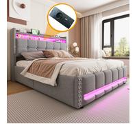 Feuille épaissie Lit rembourré 160 * 200cm avec éclairage LED et prise USB, tête de lit avec étagères et espace de rangement, avec
