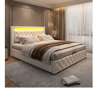 Feuille épaissie Lit rembourré 160 x 200 cm, lit fonctionnel avec sommier à lattes et espace de rangement, avec éclairage LED, ave