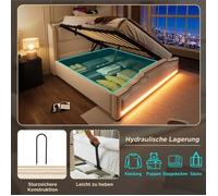 Feuille épaissie Lit rembourré 160x200, lit double avec rangement hydraulique, éclairage LED et prise de charge USB-C, lit de rang