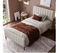 Feuille épaissie Lit rembourré 90 x 200 cm, cadre de lit avec sommier à lattes et tête de lit réglable, lit rembourré en gris-beig