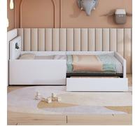 Feuille épaissie Lit rembourré Lit d'enfant 90*200 cm, Avec veilleuse et prise de charge USB, Avec compartiments de rangement, Élé