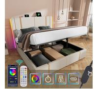 Feuille épaissie Lit rembourré Lit double USB Type C fonction de charge APP-Control LED 160×200 Lits de rangement Cadre de lit, so
