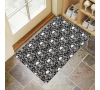 Feuilles D'Acanthe Crâne Paillasson d'Entrée, Style Gothique Tapis de Porte Antidérapant Lavable Machine, Gris Argenté Tapis Absorbant Attrape-Poussière pour Entrée Porte Couloir - 90 x 150 cm
