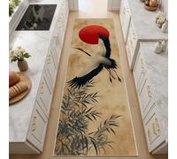 Feuilles De Bambou Vintage, Grue À Couronne Rouge Tapis Salon Lavable 60x150 cm Tapis antidérapant, Paysage Lunaire Vintage Descente de Lit pour Le Salon, l'entrée, la Chambre et la Cuisine Carpet