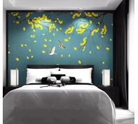 Feuilles De Ginkgo Jaunes Élégantes Peintes À La Main Oiseaux En Vol Papier Peint 3D Installation Facile Intissé Tapisserie Bureau Salon Canapé Chambre Décoration Murale-400cm×280cm