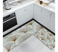 Feuilles de Ginkgo Tapis de Cuisine, 44x75cm+44x120cm, Minimaliste Moderne Tapis Couloir Long Antidérapant Lavable en Machine, pour Entrée Couloir Décor, Blanc grisâtre