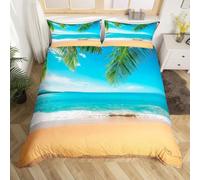 Feuilles de Palmier et Plage Housse de Couette 140x200 Parures de Lit 1 Personne Imprimé 3D Microfibre Douce Paysage Marin Housses Couette avec 2 Taies d'oreiller et Fermeture Éclair i.5864