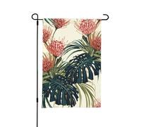 Feuilles de palmier exotiques, feuille de jungle, floral tropical, rose, vert, 12 x 18 pouces, drapeau de jardin d'été double face pour l'extérieur