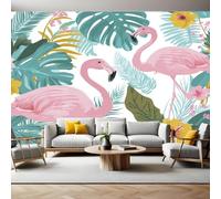 Feuilles de Palmier Papier Peint 300 x 210 cm Flamant rose et feuilles tropicales Papier Peint Panoramique Tapisserie Photo Poster Intissé Mur Moderne Décor Murale Salon Chambre á Coucherr Bureau