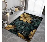 Feuilles De Palmier Tapis de Salon 120x180 Feuilles Tropicales Vertes Et Dorées Chambre Décor Tapis Antidérapant,Lavable Moquette Intérieur Poils Courts Cuisine Couloir Paillasson Salle de Jeux 1R95