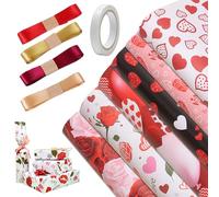 Feuilles de Papier Cadeau pour La Saint-Valentin，Rouleau Papier Cadeau Noel à Coeur，Papier Cadeau Anniversaire，avec Rubans Magnifiques, pour Noël Anniversaire Mariage Thanksgiving Cadeau de Naissance