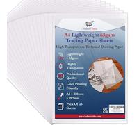 Feuilles de papier calque A4 63 g/m² - Papier calque imprimable, sans acide - Haute transparence - Pour dessin, esquisse, couture - 210 x 297 mm - Format A4-63 g/m² - Léger - 25 feuilles)