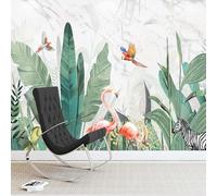 Feuilles De Plantes Vertes Fraîches Animal Flamingo Papier Peint 3D Installation Facile Intissé Tapisserie Bureau Salon Canapé Chambre Décoration Murale-150cm×105cm
