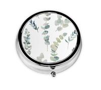 Feuilles d'eucalyptus : cette petite boîte à pilules ronde imprimée est un organisateur portable pour pilules et vitamines, parfait pour les poches, les sacs à main et les voyages.