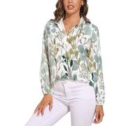 Feuilles D'Eucalyptus L'Aquarelle Chemisier Femme Manche Longue Col En V Bouton Manches Longues Tops Vert Clair Lâche T-Shirts Grande Taille Pas Cher, Imprimés Végétaux La Mode Haut Doux, Respirant
