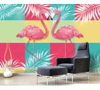 Feuilles Géométriques Créatives Multicolores Flamant Rose Papier Peint 3D Installation Facile Intissé Tapisserie Bureau Salon Canapé Chambre Décoration Murale-430cm×300cm