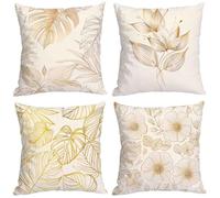 Feuilles Housse Coussin, Blanc Housse Coussin 35x35cm Lot de 4 Double Face Lin Coussin Canape, Avec Fermeture Éclair Cachée Housse de Coussin, pour Salon Chambre Banc de Jardin Decoration Maison P-6