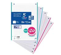 Feuilles quadrillées A4 de rechange Oxford. 100 + 20 feuilles gratuites. Quadrillage 5 x 5. Bande 5 couleurs Pastel.