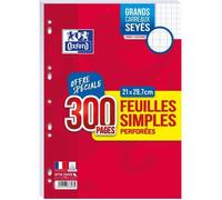 OXFORD Lot de 300 Pages Feuilles Simples Perforées au Format A4 (21 x 29.7cm) Grands Carreaux Seyès