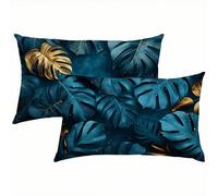 Feuilles Taies d'oreiller 50x80 Housse Coussin Lin Lot de 2, Taie Oreiller Bleu Marine, Housse de Coussin Exterieur Impermeable pour Salon de Jardin, Mode & Douce & Respirante & Résistantes S1-303