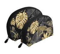 Feuilles Tropicales Noires dorées, Trousse de Maquillage Coquille Femme Petit Porte-Monnaie Trousse de Toilette Trousse à cosmétiques 2 pièces