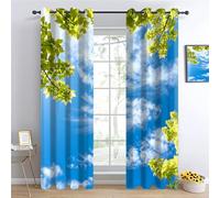 Feuilles Vertes, Ciel Bleu, Nuages Blancs Chambre Rideau Occultant, Arbres Verts Salon Panneaux de Rideaux Intérieurs, paysages naturels Oeillets Rideaux, Fenetre Rideaux L132 x H183cm 2 Panneaux