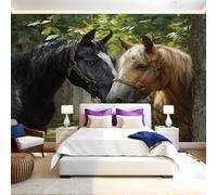 Feuilles Vertes Papier Peint Panoramique Animaux Deux chevaux 3D Trompe L'oeil Moderne Papier Peint 250 x 175 cm Grandes Murales Poster pour Salon, Adulte Chambre d'enfants, Étude Décor