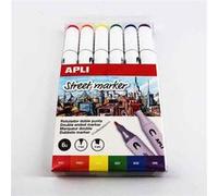Apli 18431 - Lot de 6 feutres"Street Marker" à double pointe (ronde de 1 mm et biseauté de 6 mm) - couleurs assorties. Rouge/Orange/Jaune/Vert Clair/Bleu/Violet