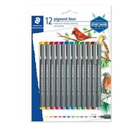 Staedtler Pigment Liner Colour, Feutres fins à encre colorée pigmentée infalsifiable pour écrire et dessiner, Pointe fine de 0.5 mm, Étui blister avec 12 feutres de couleurs différentes, 30805SBK12