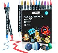 Feutre Acrylique, 12 Couleurs 1-5mm Pinceau Double Marqueur Peinture Acrylique, Permanent Imperméables À Séchage Rapide Marqueurs Acryliques Pour Verre,Galet,Textile,Bois, 12 Pack[Z4291]