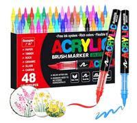 Feutre Acrylique, Stylos Acryliques à Pointe Pinceau-48 Couleurs Marqueurs Pienture Acrylique pour le Coloriage Adulte, Acrylic Paint Markers , Calligraphie, DIY, Bois, Toile, Verre, Céramique..