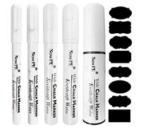 Feutre Craie Blanc, NowPE Marqueur Craies 1mm, 3mm, 6mm, 10mm et 15mm pour Tableau Noir, Verre et Fenêtres, Humide ou Sec Effacable Stylo de Craie, 5 Marqueurs Liquide + 16pcs Ardoise Noire Etiquettes