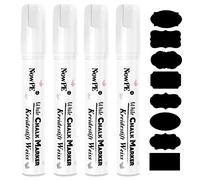 Feutre Craie Blanc, NowPE Marqueurs Craie 10mm, Effacable avec Chiffon Humide ou Sec, Pointe épaisse pour Tableau Noir, Mur, Fenêtre et Verre, Pack de 4 Pièce Stylos Liquide + 16 Etiquettes de Tableau