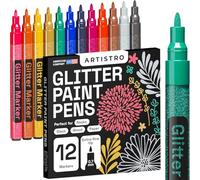 Feutres à Paillettes Pour Peinture sur Roche, Pierre, Céramique, Verre, Bois, Tissu, Scrapbooking, Bricolage, Cartes, Coloriage. Lot de 12 Marqueurs Acryliques à Pointe Extra-Fine 0,7 mm