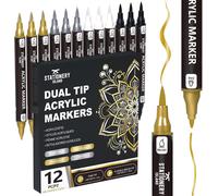 Feutres Acryliques Métalliques ¿ 12 Stylos Or, Argent, Blanc Et Noir ¿ Marqueurs Acryliques À Double Pointe Fine Et Pinceau À Base D'eau Pour Pierre, Verre, Bois, Métal Et Céramique